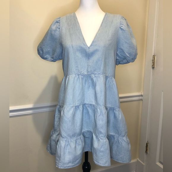 ZARA Blue V-Neck Short Puff Sleeve Babydoll Dress w Tiered Skirt Sz MD - Picture 1 of 16